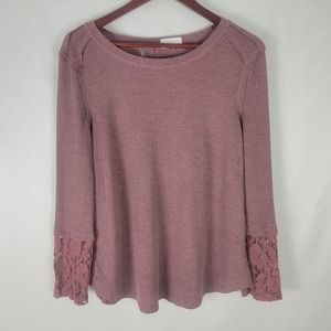 Eiffel Designs Womens Shirt Small Top‎ Waffle Knit Lace Floral Back Long Sleeve